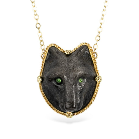 Carved Obsidian Wolf and Gold Necklace