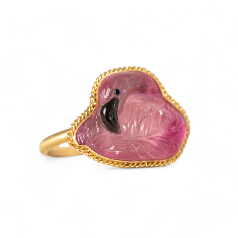 Carved flamingo tourmaline ring side view