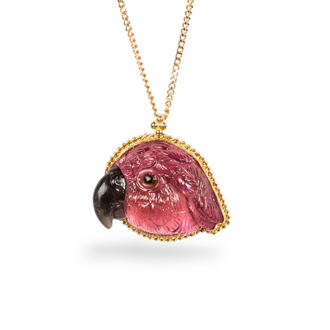 Carved tourmaline parrot necklace.