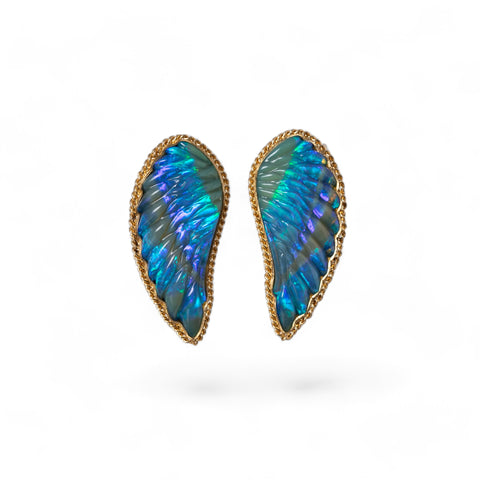 Carved wing crystal opal earrings