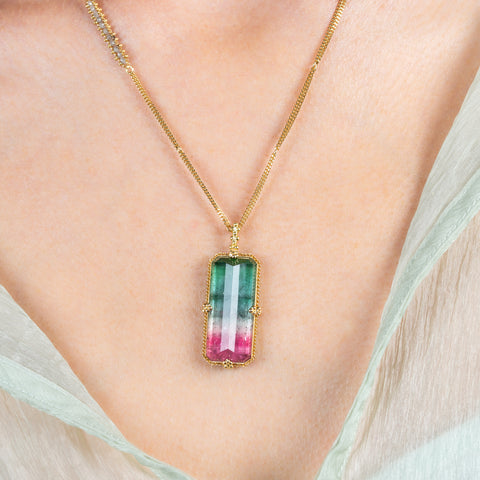 This watermelon tourmaline necklace is adjustable in length.