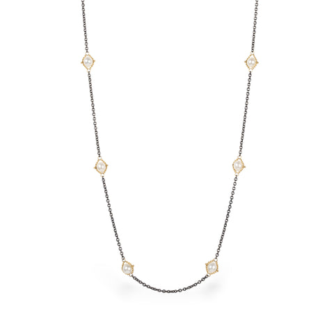 Contrast oxidized silver and gold necklace with pearls