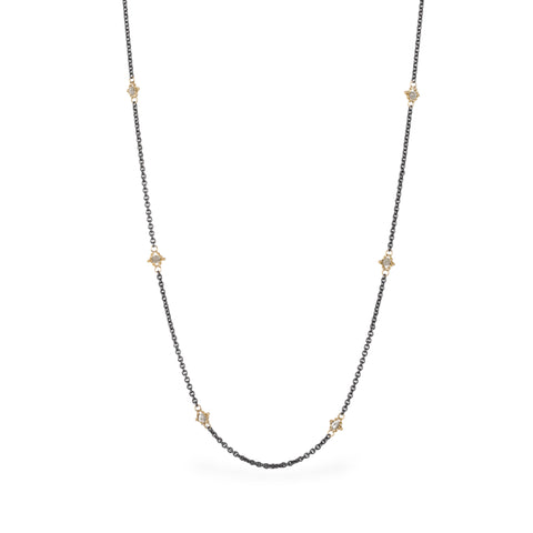 oxidized silver and gold necklace with silver diamonds