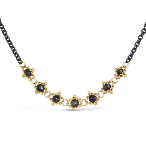 Black Diamond Textile Row Necklace in Oxidized Silver and 18k Gold
