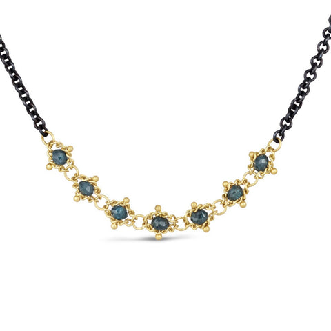 Blue Diamond Textile Row Necklace in Oxidized Silver and 18k Gold