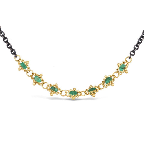 Emerald Textile Row Necklace in Oxidized Silver and 18k Gold