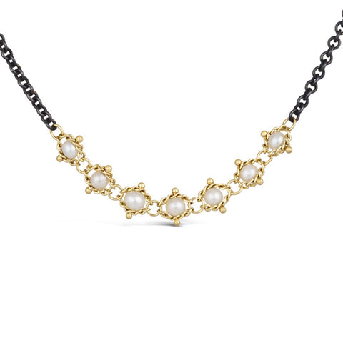 Pearl Textile Row Necklace in Oxidized Silver and 18k Gold