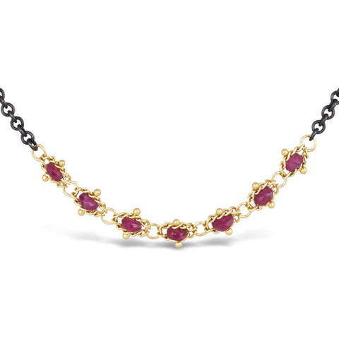 Ruby Textile Row Necklace in Oxidized Silver and 18k Gold