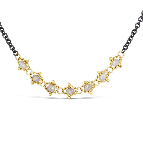 Silver Diamond Textile Row Necklace in Oxidized Silver and 18k Gold