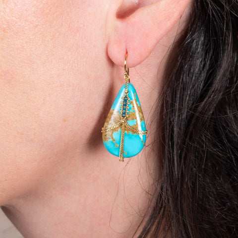Draped turquoise earrings on a model with blue diamond