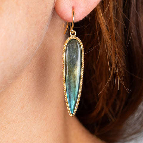 labradorite earrings on model