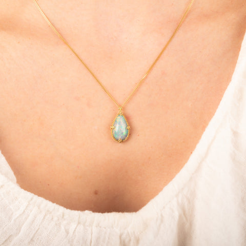 Ethiopian opal necklace on model