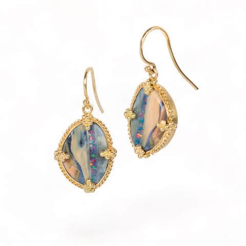 Boulder Opal earrings on white background