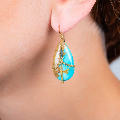Draped Turquoise earring on a model