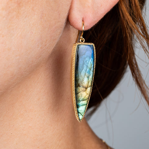 labradorite earrings on model