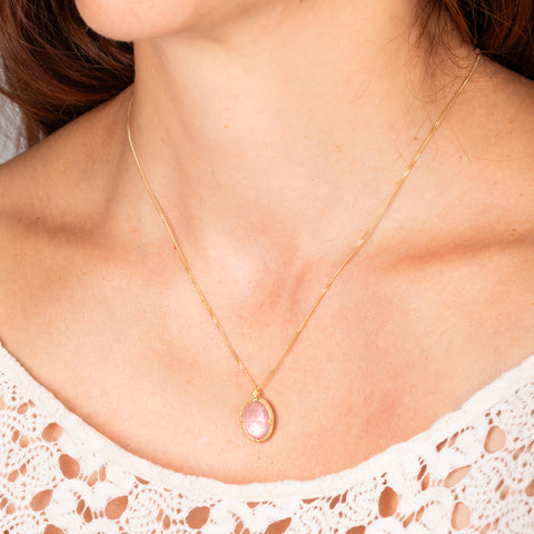 Morganite oval necklace on model