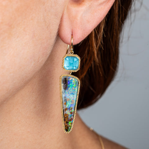 London Blue Topaz and Boulder Opal earrings on model