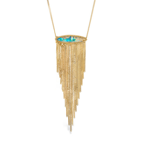 Handcrafted necklace made of opalized wood and 18k gold with a gold tassel adornment