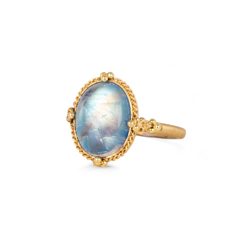 Blue moonstone and gold ring side view