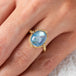 Blue moonstone and gold ring on model close up