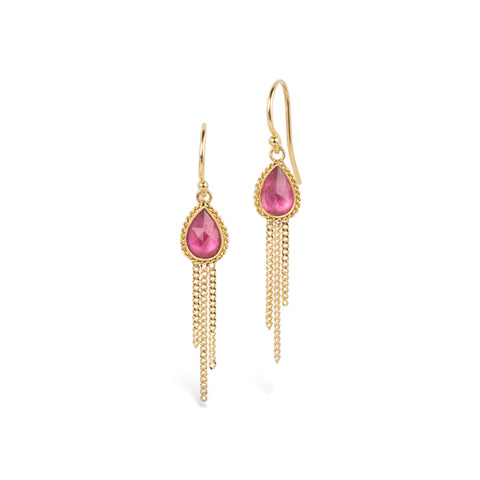 Handmade pink tourmaline and 18k gold earrings with gold tassels