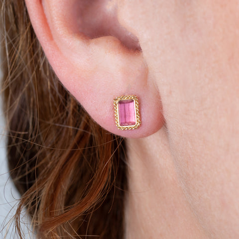 Pink tourmaline stud earrings on model