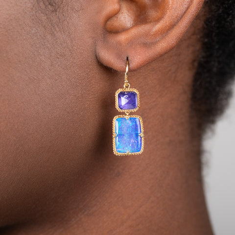 Tanzanite Boulder Opal earrings on model