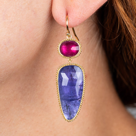 Tanzanite and tourmaline earrings on model