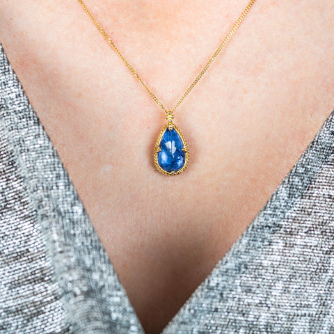 Tanzanite teardrop necklace on model