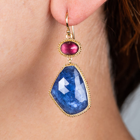 tanzanite tourmaline earring on model close up