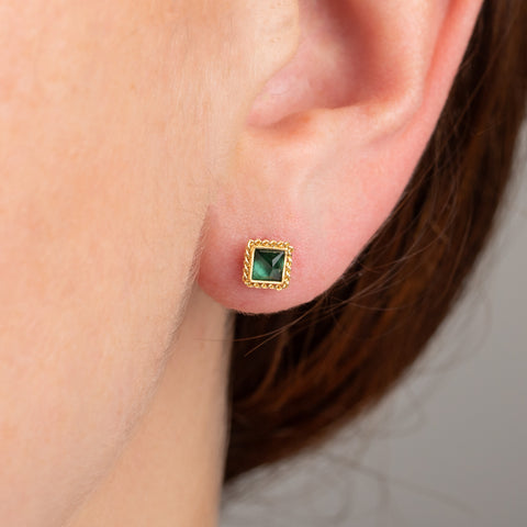 Teal square Tourmaline stud earrings on model