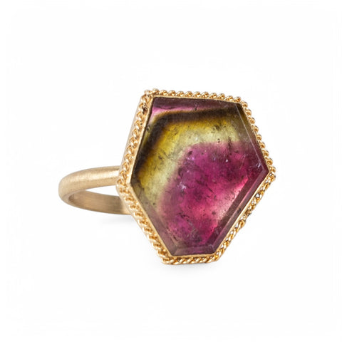 18k Gold and Watermelon Tourmaline ring side view