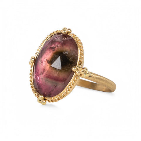 18k Gold Watermelon Tourmaline ring side view