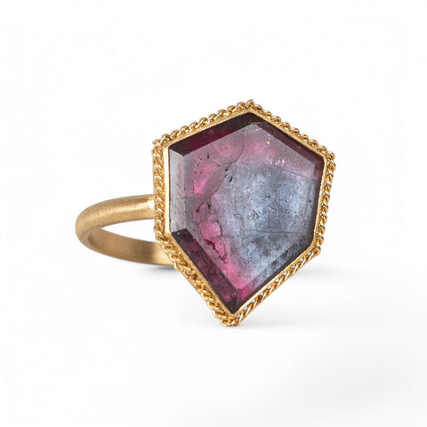 18k Gold Watermelon Tourmaline ring side view