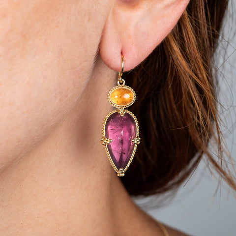 Tourmaline petal earrings on model