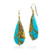 Turquoise draped earrings with blue diamonds.