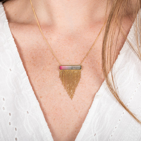 Watermelon Tourmaline Gold Tassel Necklace