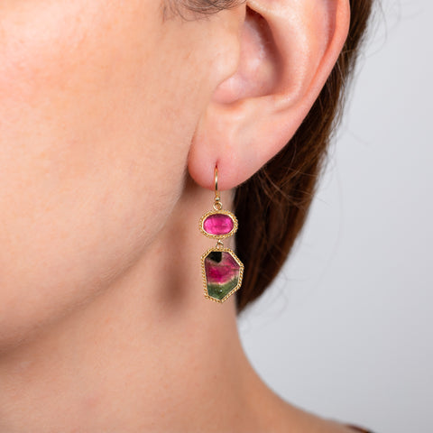 Watermelon Tourmaline earrings on model