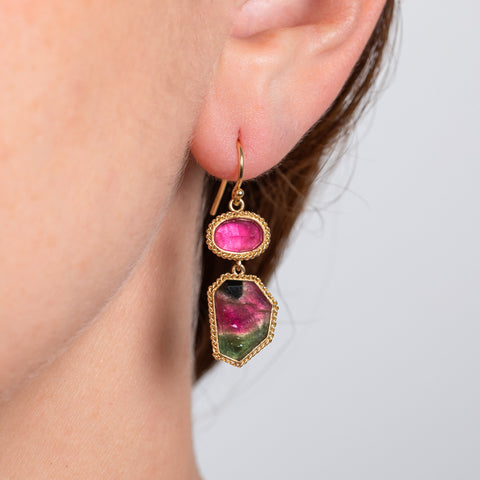 Watermelon Tourmaline earrings close up