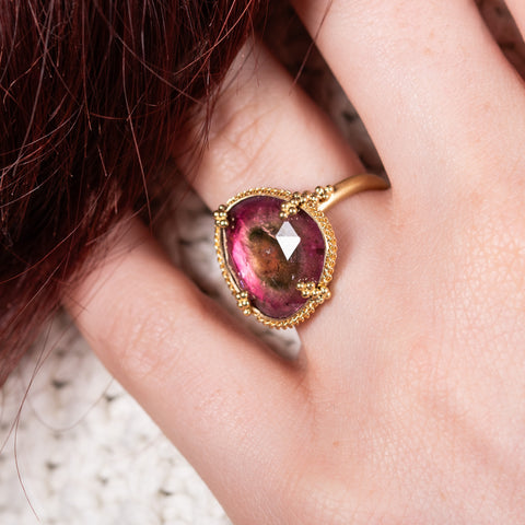 Watermelon Tourmaline ring on a model close up