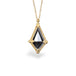 A Kite-shaped Black Diamond pendant is set in an 18k yellow gold bezel, suspended from an 18K yellow gold chain. Diamond exhibits fierce boldness and captivating facets that dance in the light. Set in a distinctive one-of-a-kind design with handmade gold bezel, braided detail, and granulation.