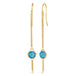 A pair of long 18k yellow gold earrings are crafted with a London blue topaz bead suspended between two chains. The earrings are fastened with French hook closures.