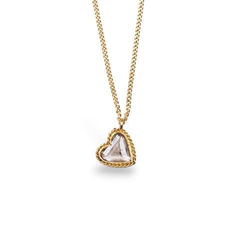 Heart-shaped Diamond pendant suspended from an 18K yellow gold chain. Set in a handmade gold bezel. Handmade in New York.