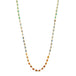 A long woven 18k yellow gold necklace features shades of mixed opals in burnt orange, teal, and periwinkle. The stone beads are woven delicately between two chains. 