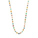 A multi-colored woven gemstone bead necklaces features multiple gemstones including Aquamarine, Opal, apatite, Moonstone, Tanzanite, Carnelian, Tourmaline, Amazonite, Rhodochrosite, Chalcedony and  Jade. The stones are set in a long 18k yellow gold chain.