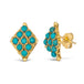 A pair of 18k yellow gold earrings is crafted with turquoise beads woven into a diamond lattice pattern with delicate chain that is fastened with a post closure.