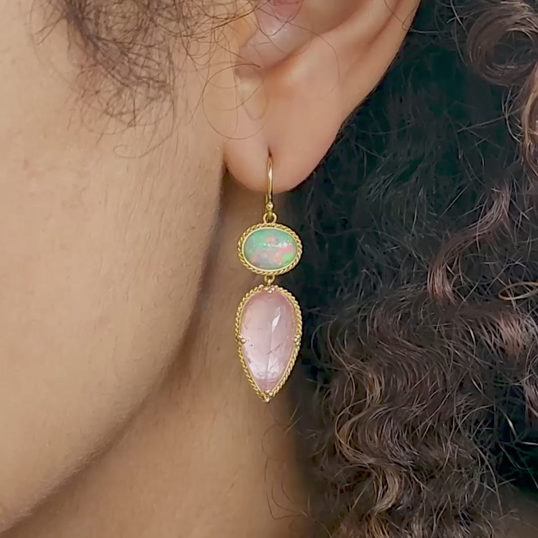 Ethiopian Opal and Morganite Earrings on model