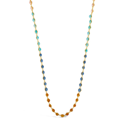 This long woven necklace features sunstone, amazonite blue and pink opal threaded throughout with 18k yellow gold chain