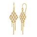 Small white pearls are woven with 18k yellow gold chain in a diamond lattice pattern and have three dangling chains. The earrings are fastened with french hook closures.