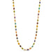 A long multi-colored stone necklace is woven with 18k yellow gold chains. The necklace features gemstones including Sunstone, Peridot, Aquamarine, Lolite, Apatite, Imperial Topaz, Rhodolite Garnet, Morganite, Tanzanite, Amethyst, and Grossular Garnet. Available in 24" and 34" variations.